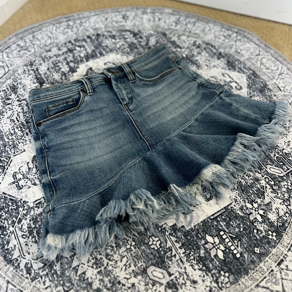 Denim Frayed Hem Mini Skirt - Blue